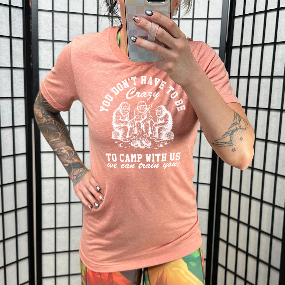 sunset unisex tee with the words "you don't have to be crazy to camp with us we can train you!" on it with the graphic of three sasquatches toasting marshmallows over a campfire