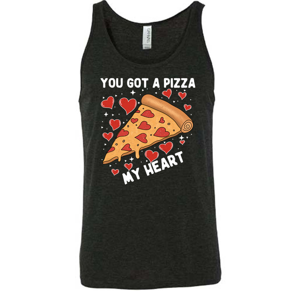 black unisex tank with the words "you got a pizza my heart" on it, with a big graphic of a pizza with pepperoni hearts, and hearts surrounding it as well with little stars