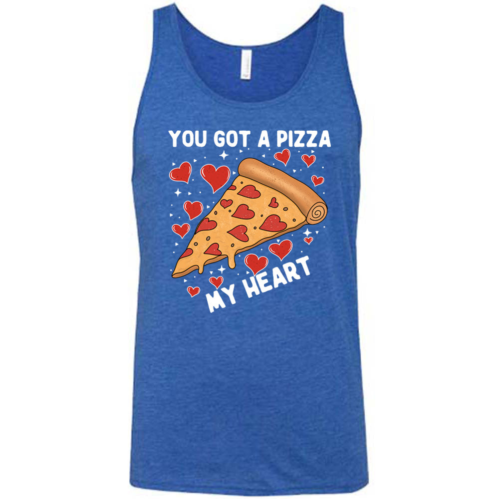 blue unisex tank with the words "you got a pizza my heart" on it, with a big graphic of a pizza with pepperoni hearts, and hearts surrounding it as well with little stars