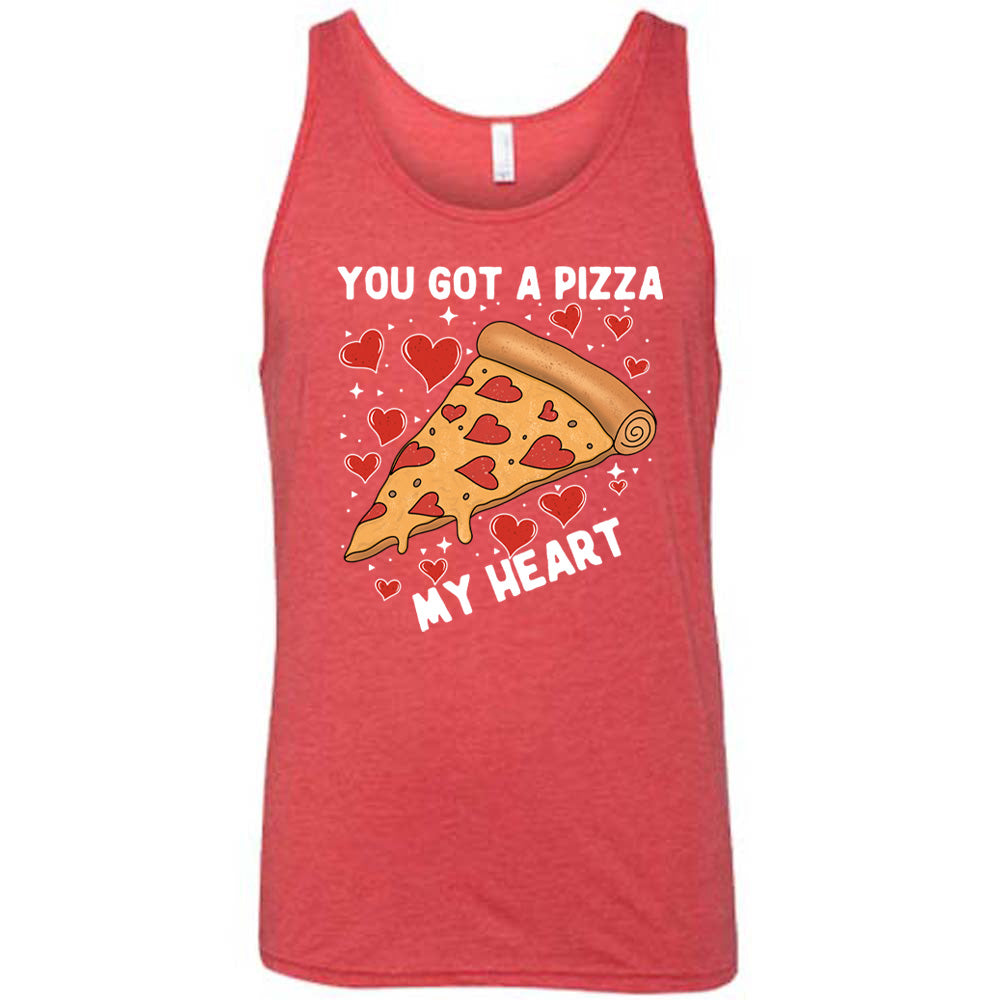 red unisex tank with the words "you got a pizza my heart" on it, with a big graphic of a pizza with pepperoni hearts, and hearts surrounding it as well with little stars