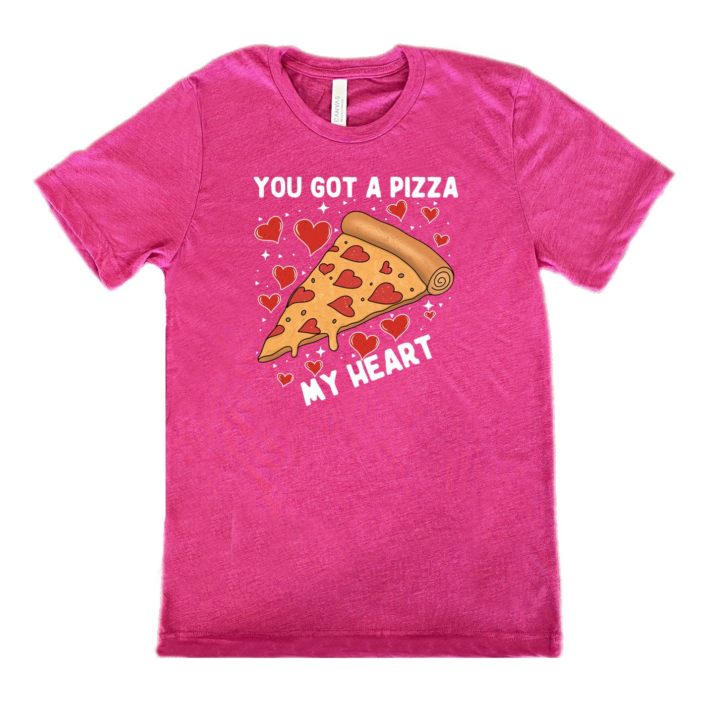 berry unisex tee with the words "you got a pizza my heart" on it, with a big graphic of a pizza with pepperoni hearts, and hearts surrounding it as well with little stars