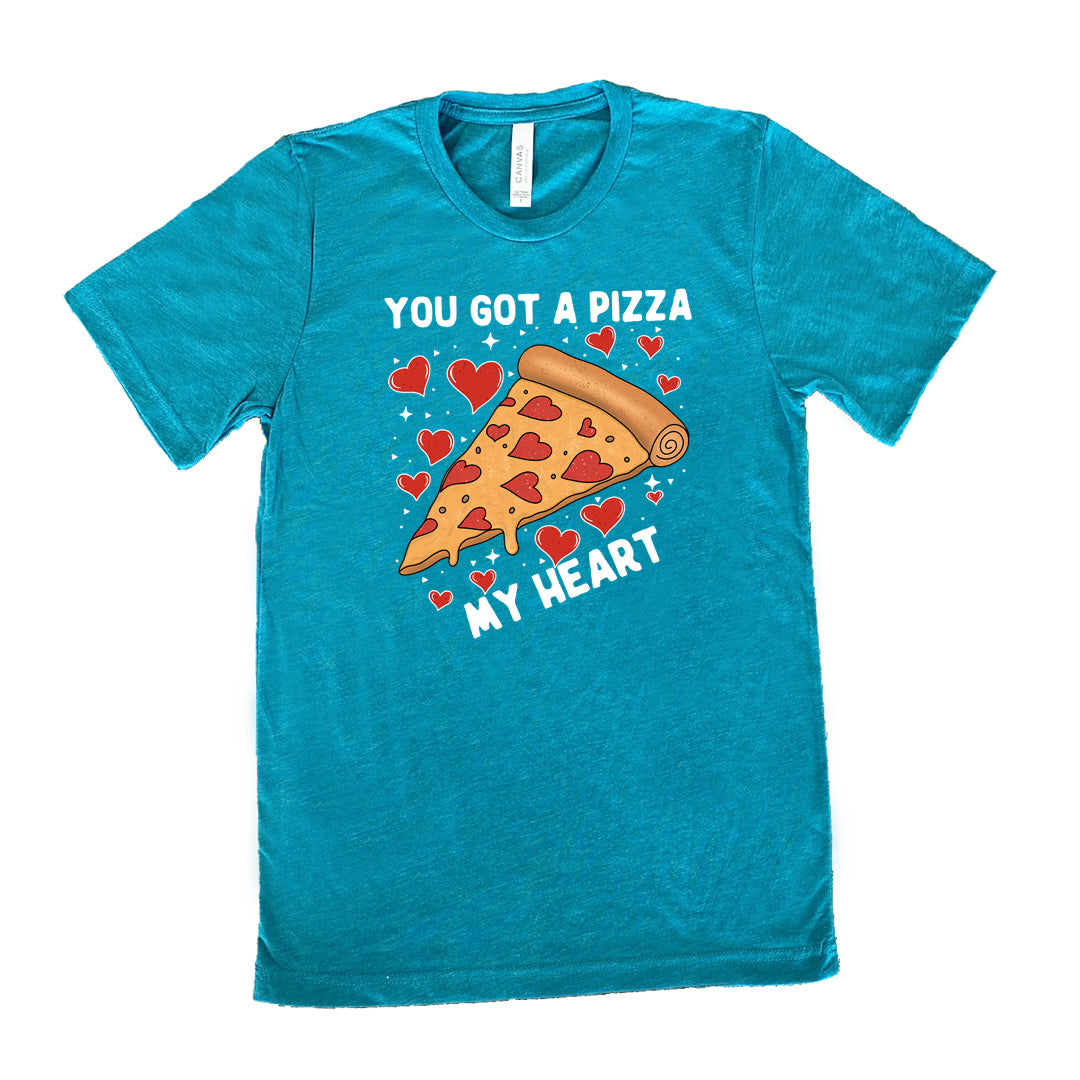 teal unisex tee with the words "you got a pizza my heart" on it, with a big graphic of a pizza with pepperoni hearts, and hearts surrounding it as well with little stars