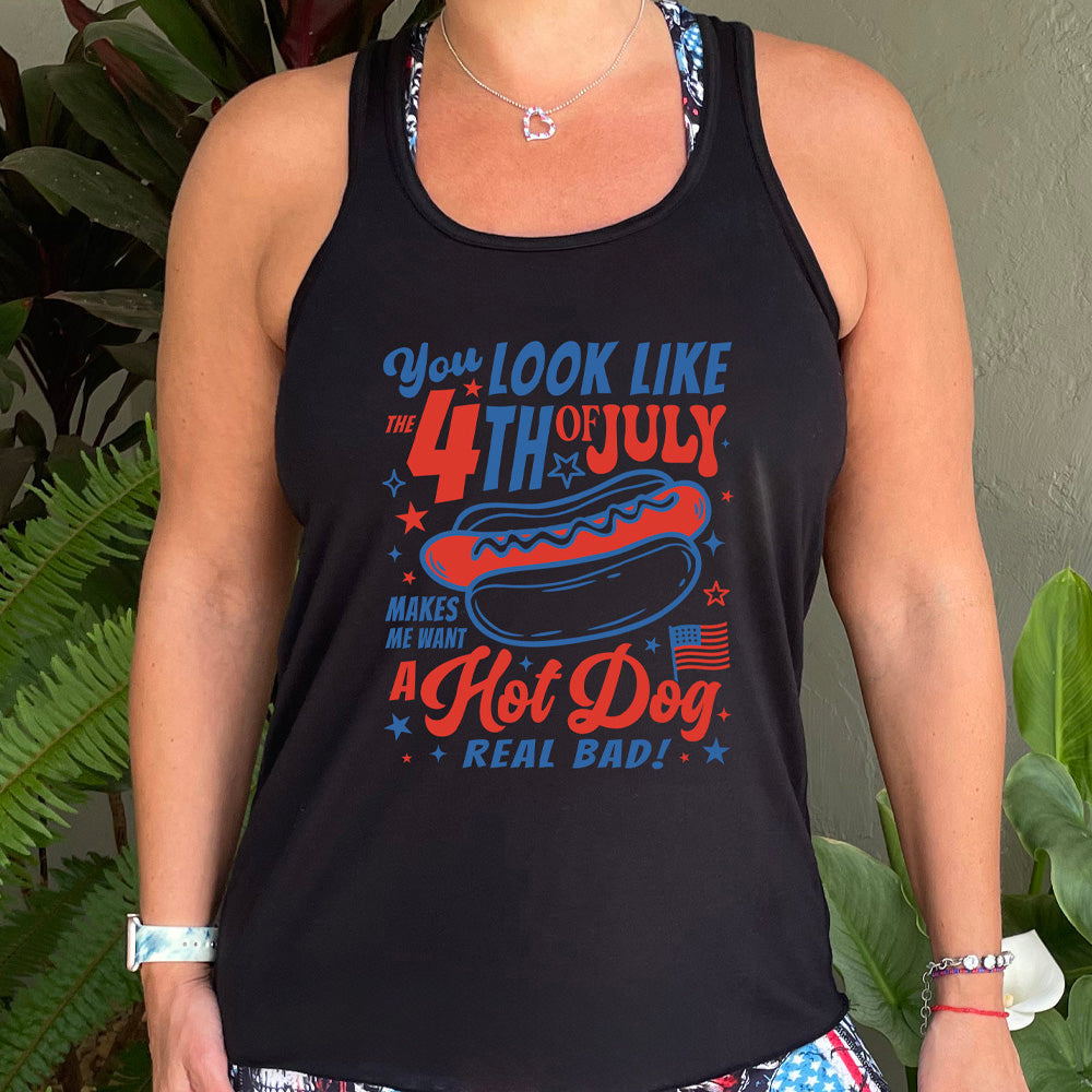 Black colored flowy tank with a hot dog graphic on it that says "You Look Like the 4th of July Makes Me Want A Hot Dog Real Bad"