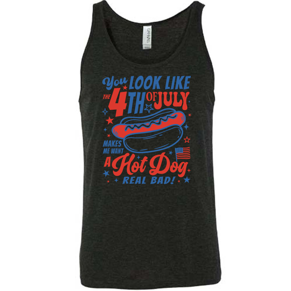 Black colored tank with a hot dog graphic on it that says "You Look Like the 4th of July Makes Me Want A Hot Dog Real Bad"