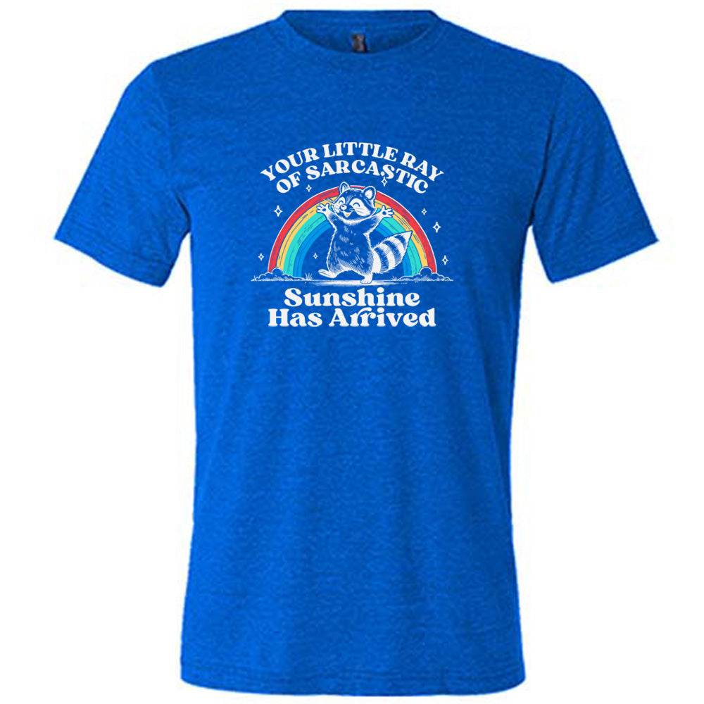 Blue colored shirt with a rainbow and raccoon graphic on it that says "Your Little Ray of Sarcastic Sunshine Has Arrived"