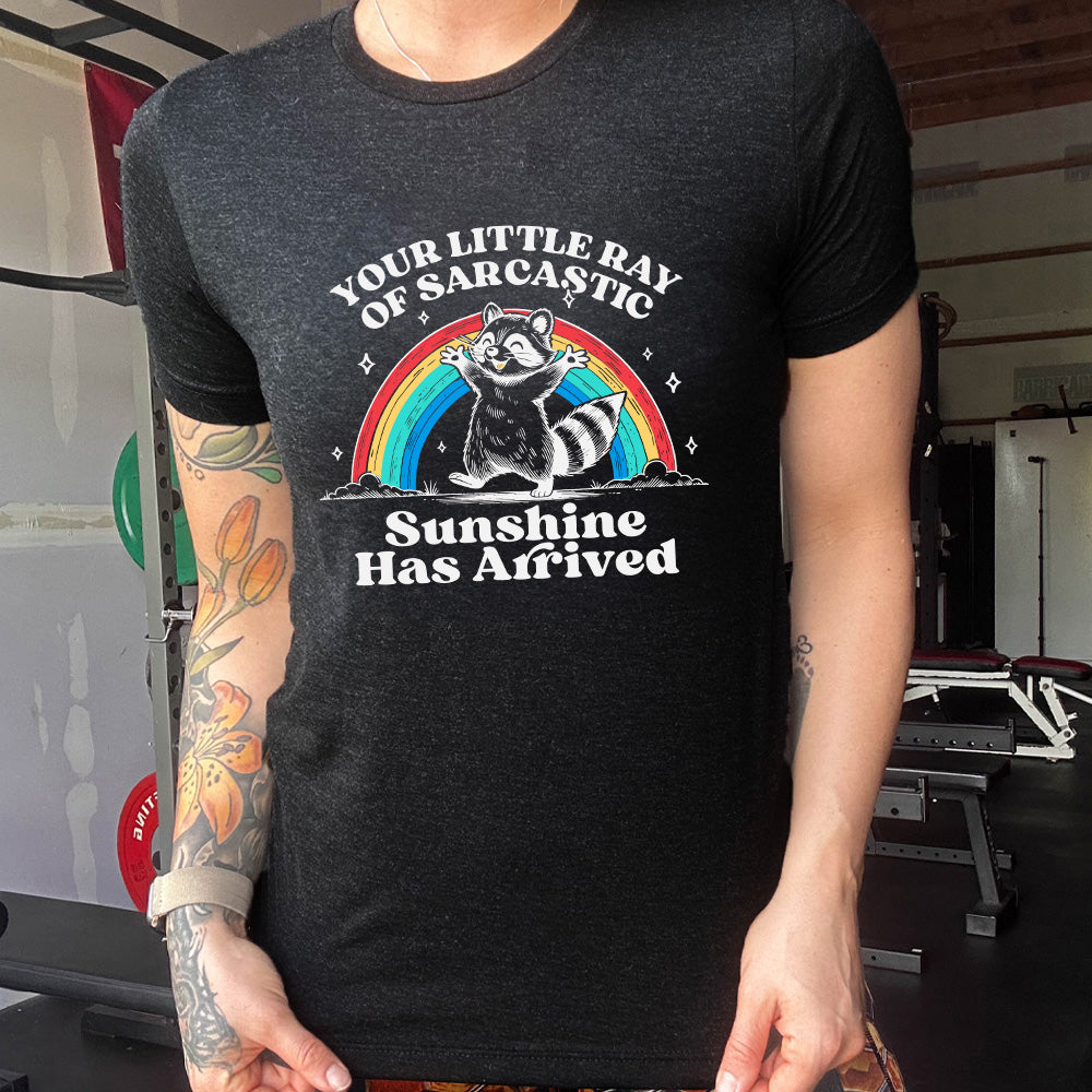 Black colored shirt with a rainbow and raccoon graphic on it that says "Your Little Ray of Sarcastic Sunshine Has Arrived"