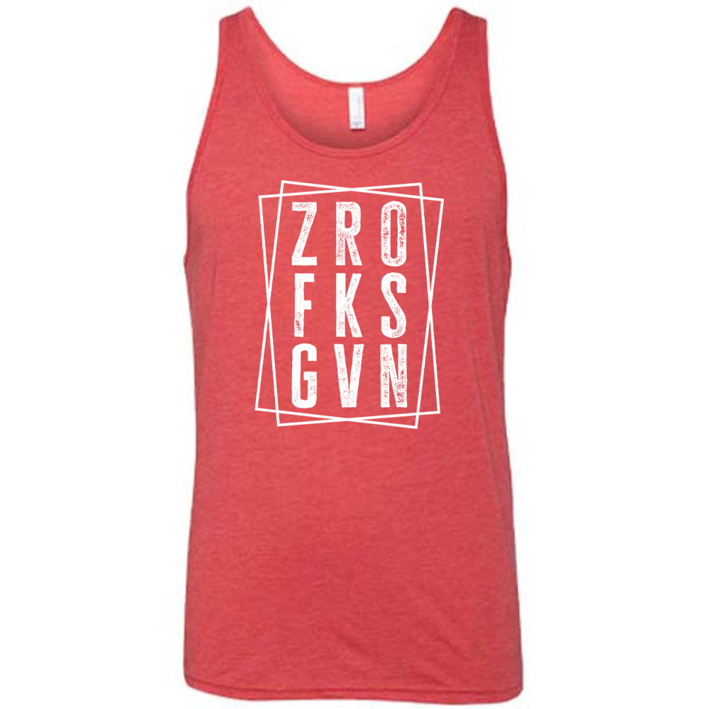 Red colored tank with a graphic on it that says "ZRO FKS GVN"