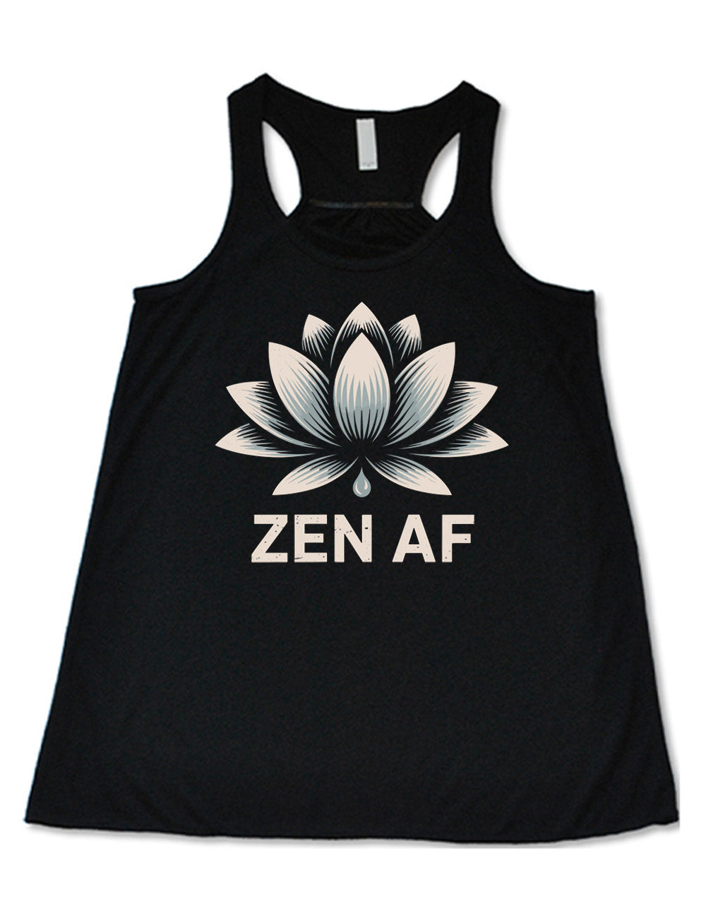 black flowy racerback tank with the graphic of a lotus and the words underneath saying "ZEN AF"