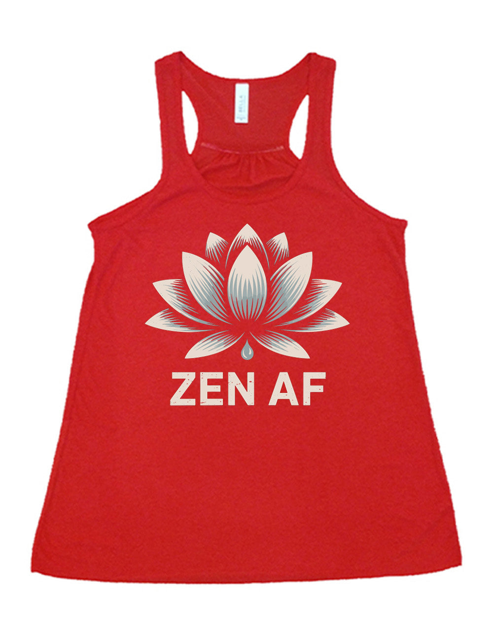 red flowy racerback tank with the graphic of a lotus and the words underneath saying "ZEN AF"