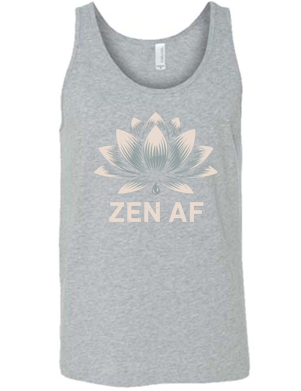 grey unisex tank with the graphic of a lotus and the words underneath saying "ZEN AF"