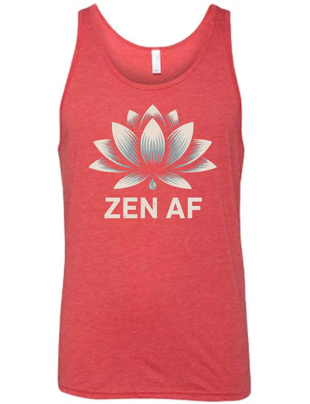 red unisex tank with the graphic of a lotus and the words underneath saying "ZEN AF"