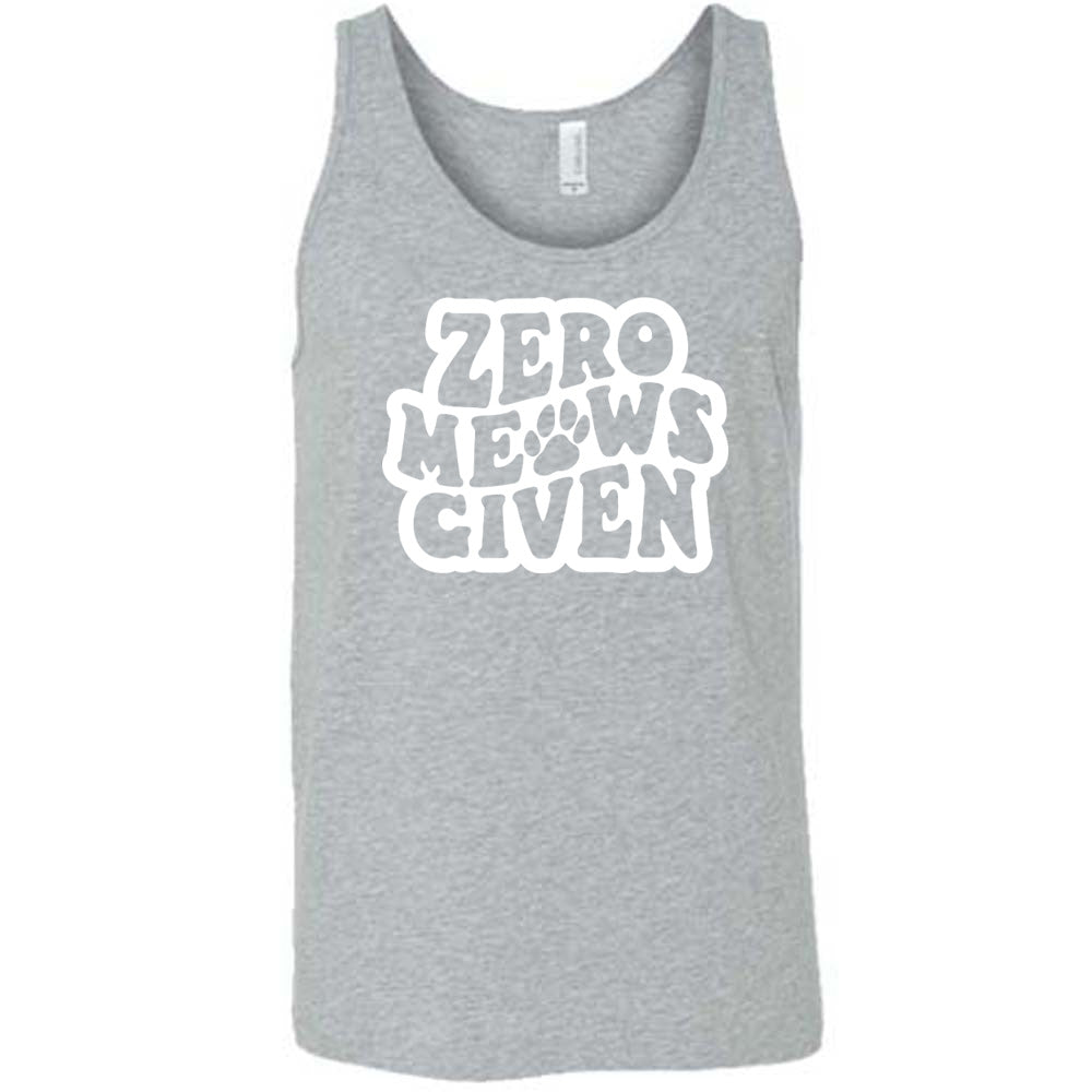 Grey colored tank with paw print graphic on it that says "Zero Meows Given"