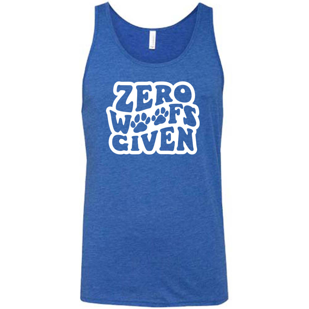 Blue colored tank with paw print graphic on it that says "Zero Woofs Given"