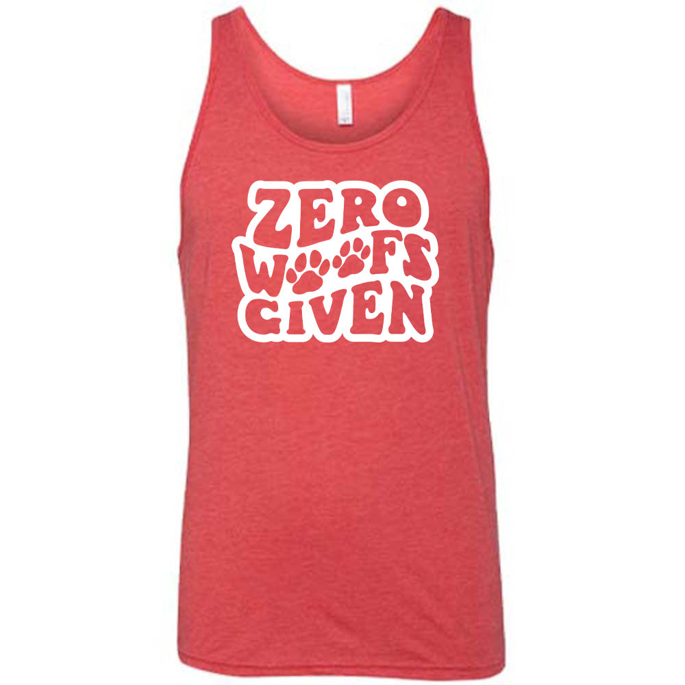 Red colored tank with paw print graphic on it that says "Zero Woofs Given"