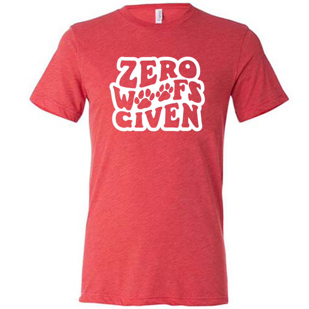 Red colored shirt with paw print graphic on it that says "Zero Woofs Given"