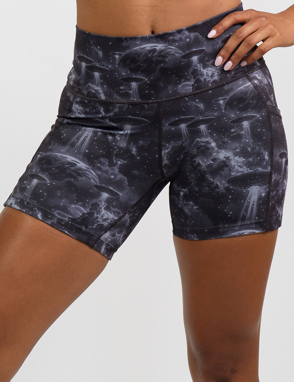 front of the 5 inch alien space ship invasion shorts against a white background