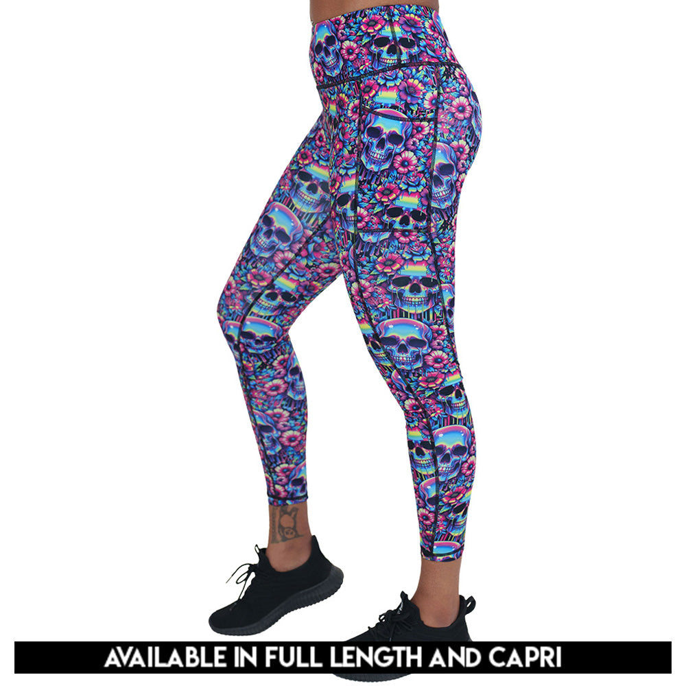 neon skull print leggings available in full and capri length