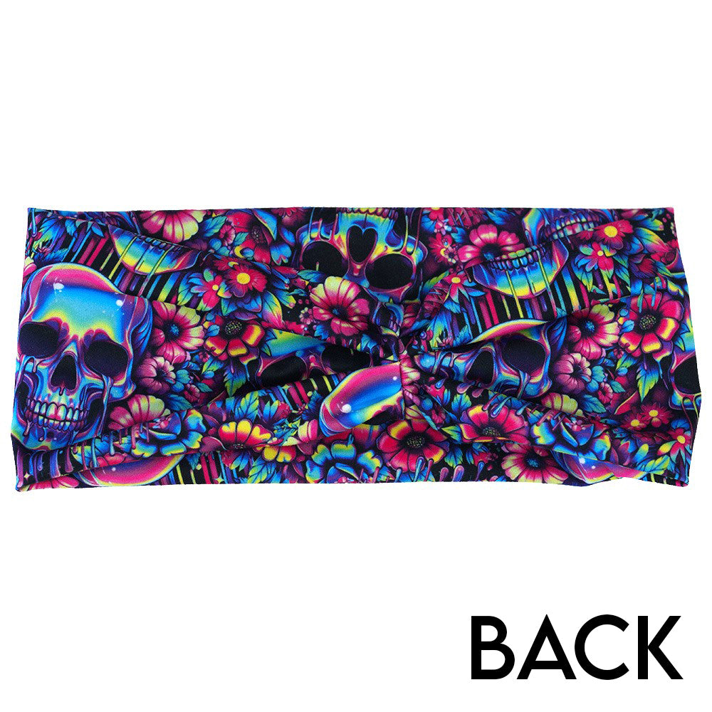 back of the neon skull print headband against a white background