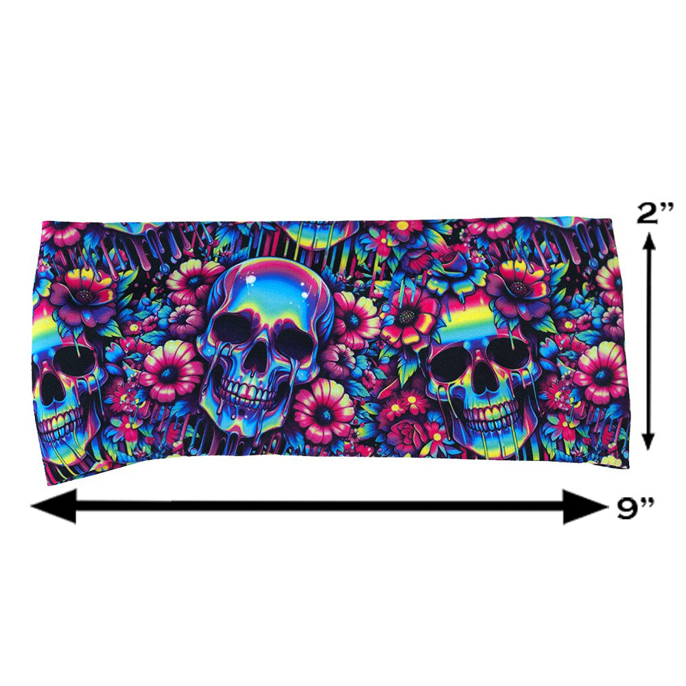 neon skull print headband measured at 2 inches by 9 inches