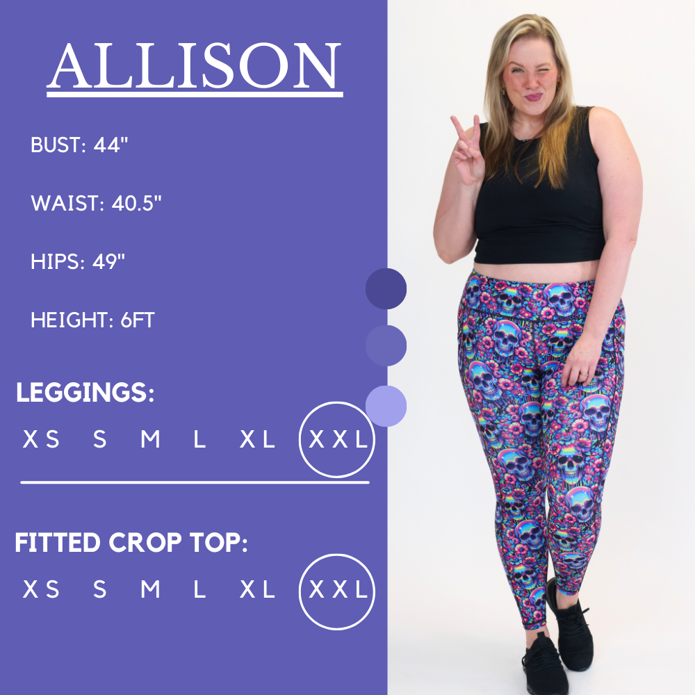 Model’s measurements of 44” bust, 40.5” waist, 49” hips and height of 6 ft. She is wearing a size xx-large in our leggings