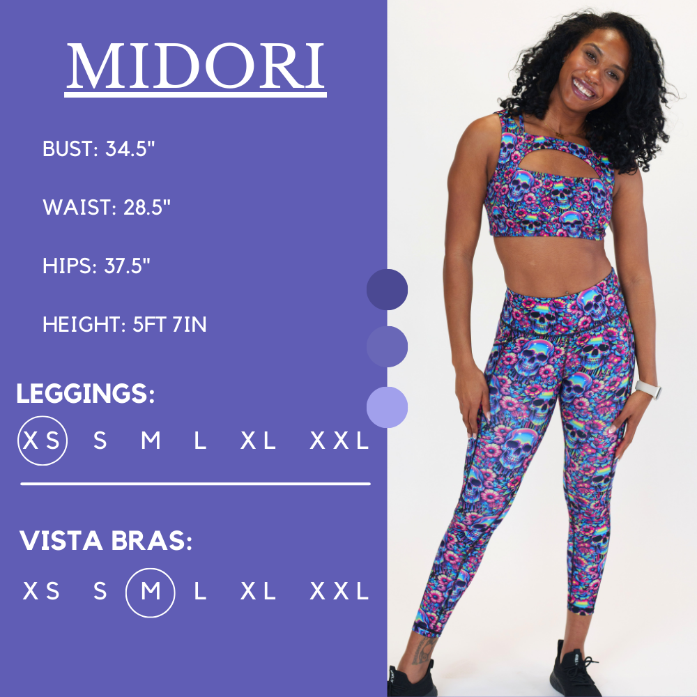 Model’s measurements of 34.5” bust, 28.5” waist, 37.5” hips and height of 5 ft 7 inches. She is wearing a size extra small in our leggings