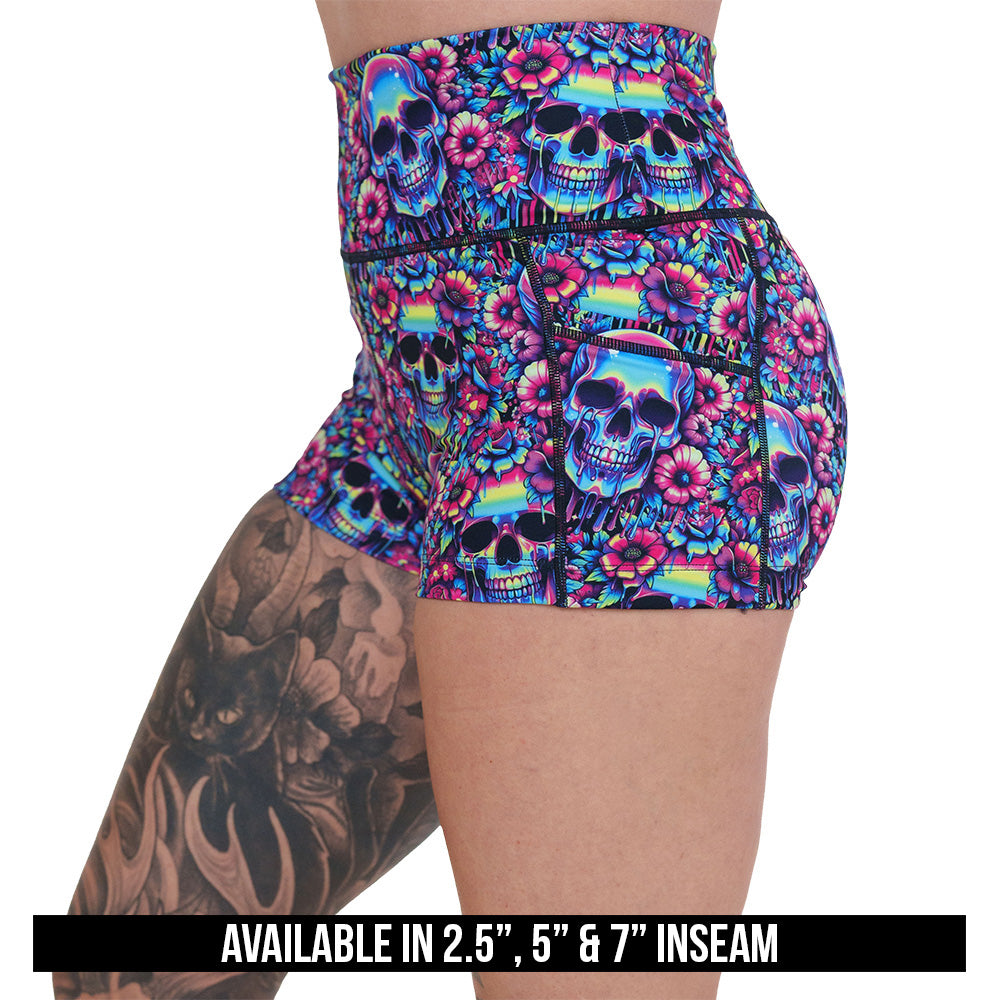 neon skull print shorts available in 2.5, 5 & 7 inch inseams against a white background