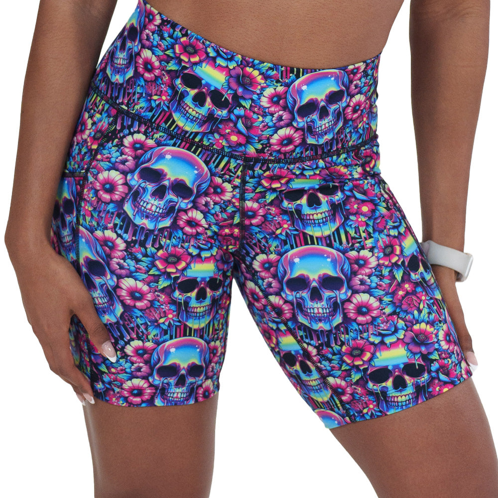 neon skull print 7 inch shorts facing the front against a white background