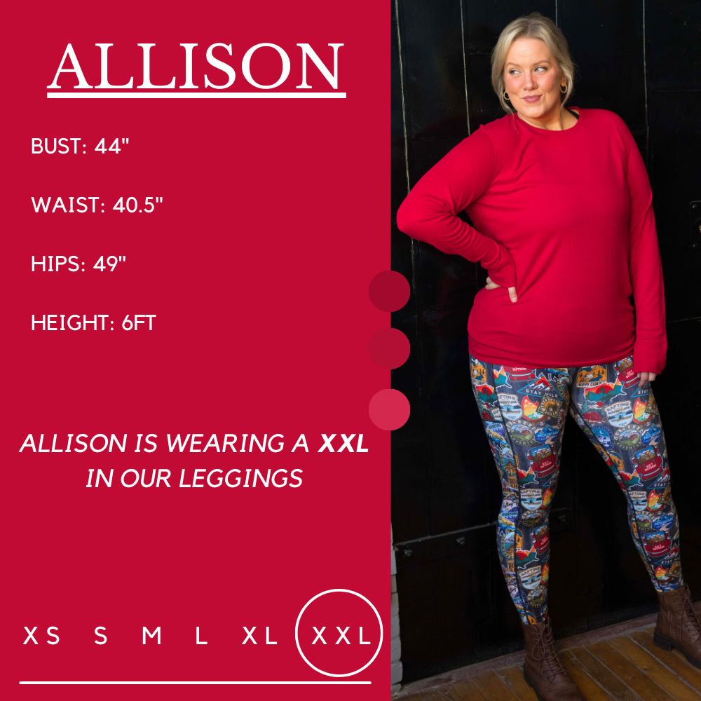Model’s measurements of 44” bust, 40.5” waist, 49” hips and height of 6ft. She is wearing a size xxl in our leggings