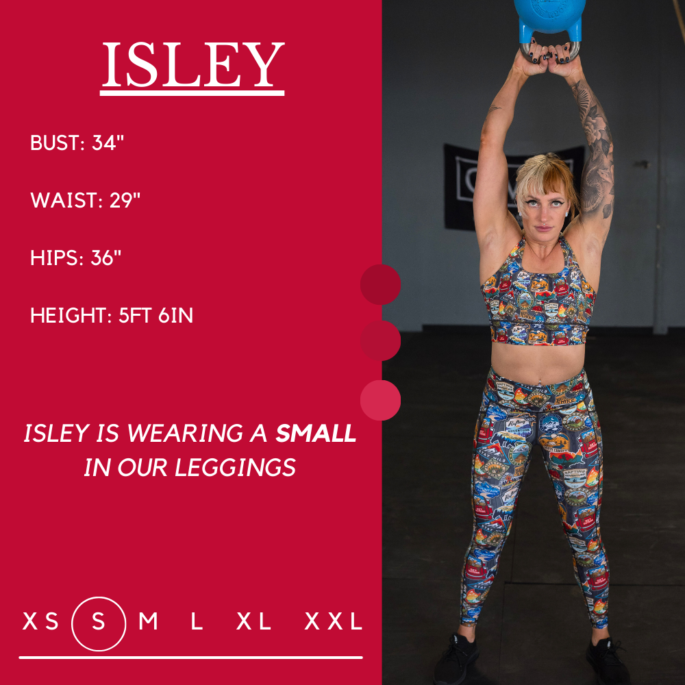 Model’s measurements of 34” bust, 29” waist, 36” hips and height of 5 ft 6 in. She is wearing a size small in our leggings