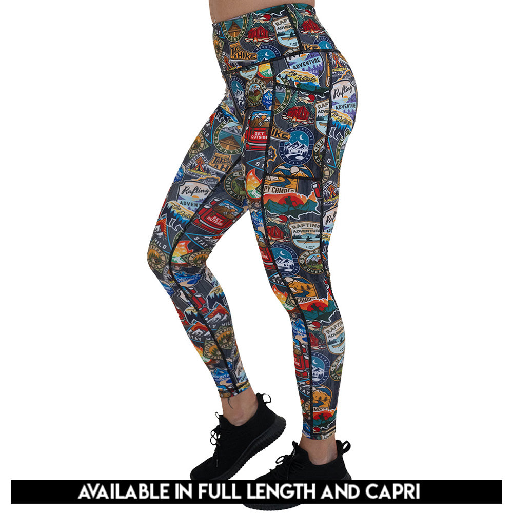 travel inspired leggings available in full and capri length