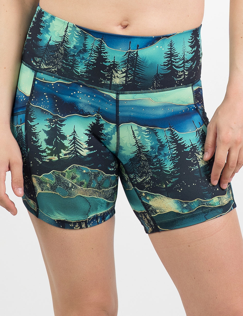 front of the aurora forest 5 inch shorts against a white background