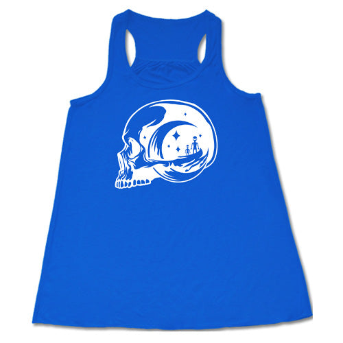 blue racerback tank top with an alien skull design