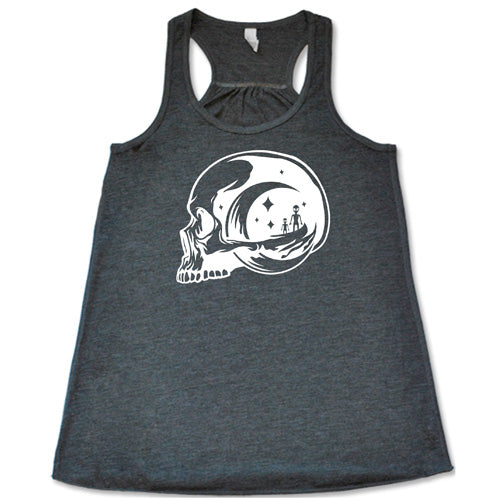 grey racerback tank top with an alien skull design