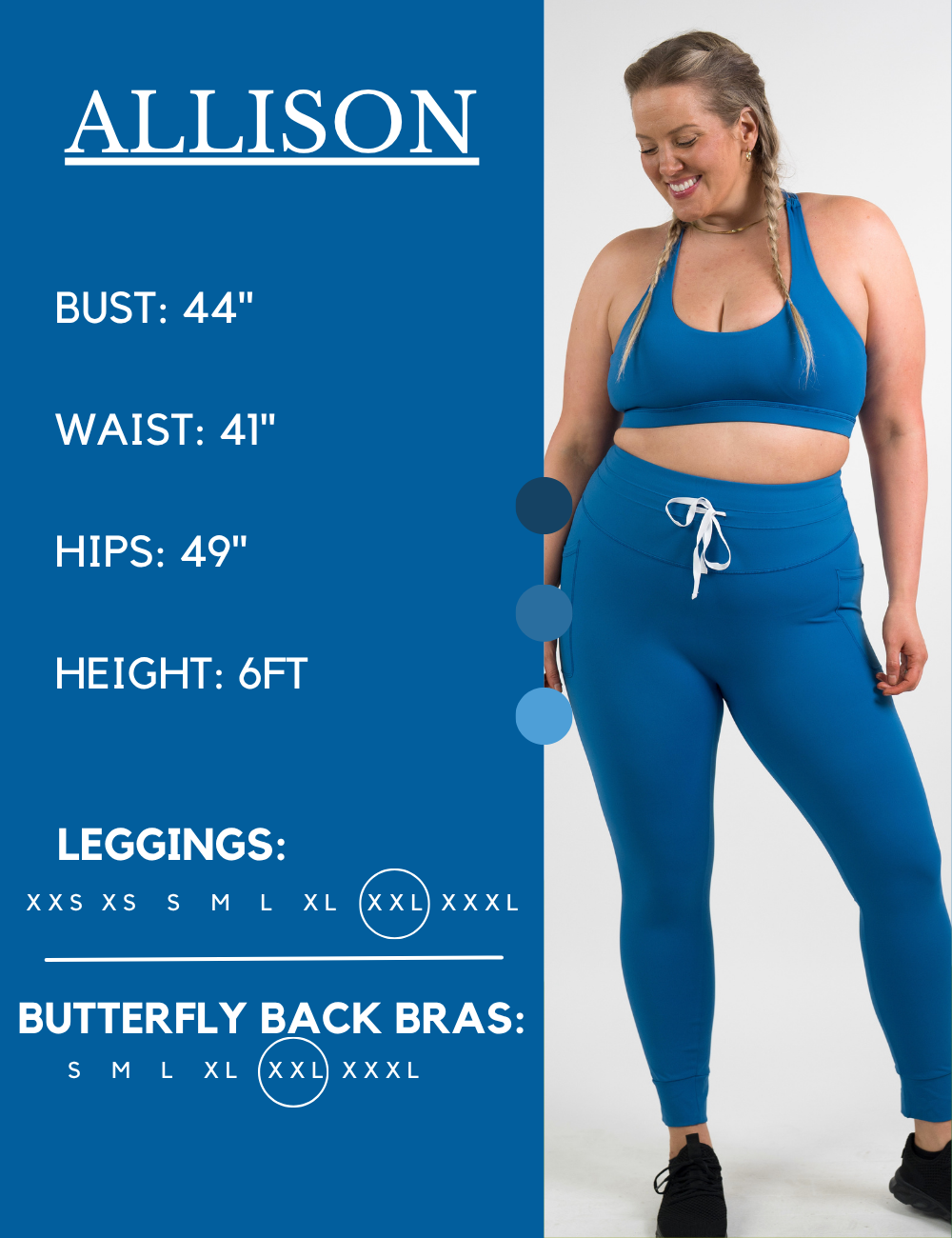 Model’s measurements of 44” bust, 41” waist, 49” hips and height of 6 feet. She is wearing a size extra extra large in our leggings