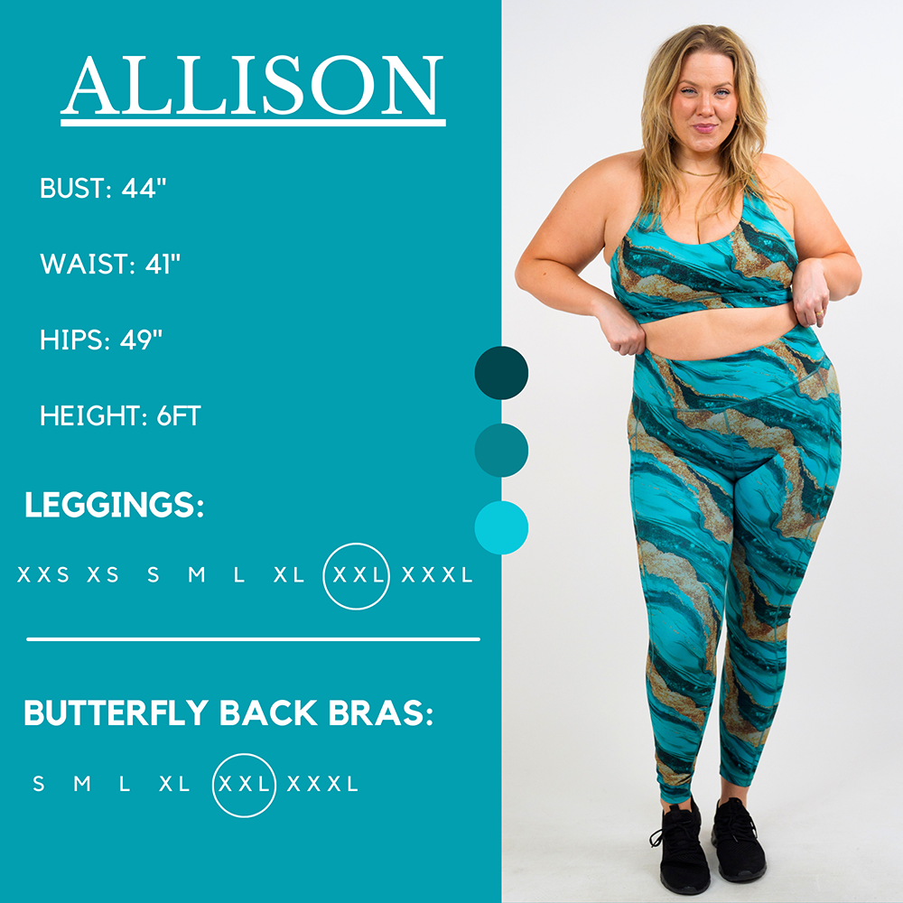 Model’s measurements of 44” bust, 41” waist, 49” hips and height of 6 feet. She is wearing a size extra extra large in our leggings