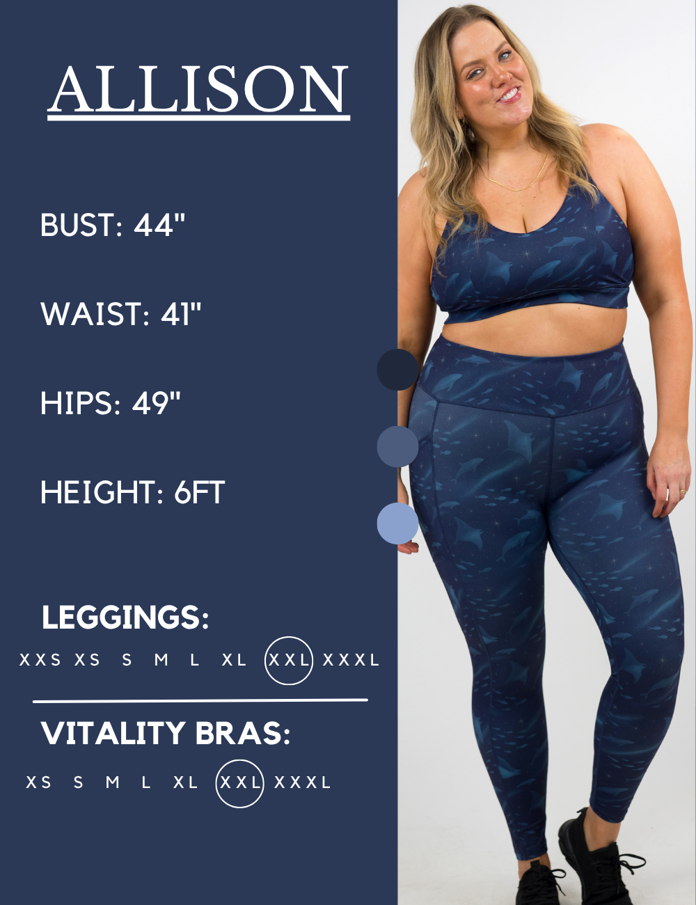 Model’s measurements of 44” bust, 41” waist, 49” hips and height of 6 feet. She is wearing a size extra extra large in our leggings