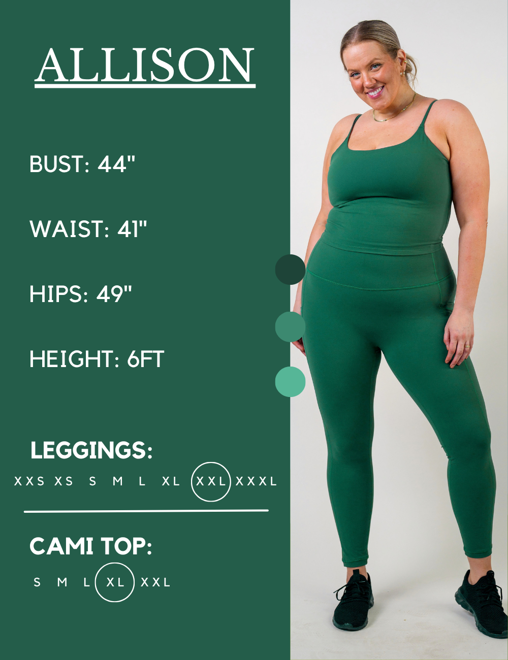 Model’s measurements of 44” bust, 41” waist, 49” hips and height of 6 feet. She is wearing a size extra large in our cami tops