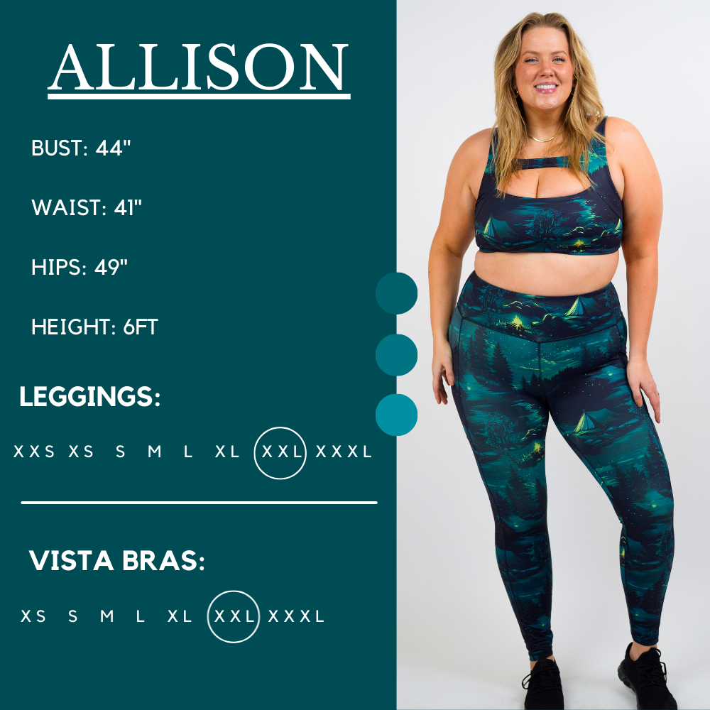Model’s measurements of 44” bust, 41” waist, 49” hips and height of 6 ft. She is wearing a size extra extra large in our leggings