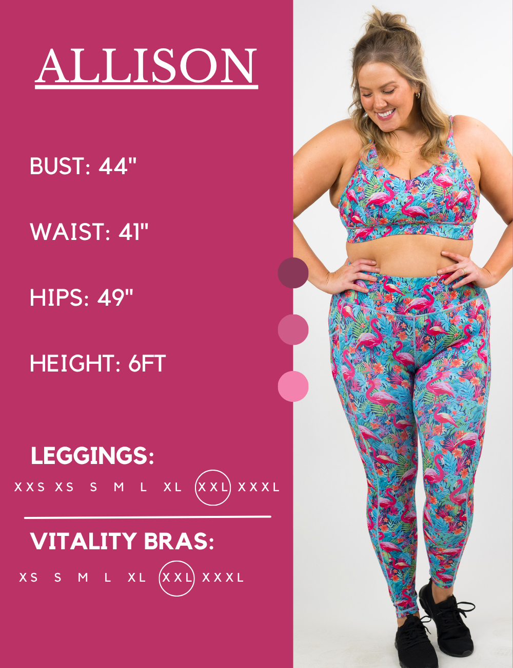 Model’s measurements of 44” bust, 41” waist, 49” hips and height of 6 feet. She is wearing a size extra extra large in our leggings