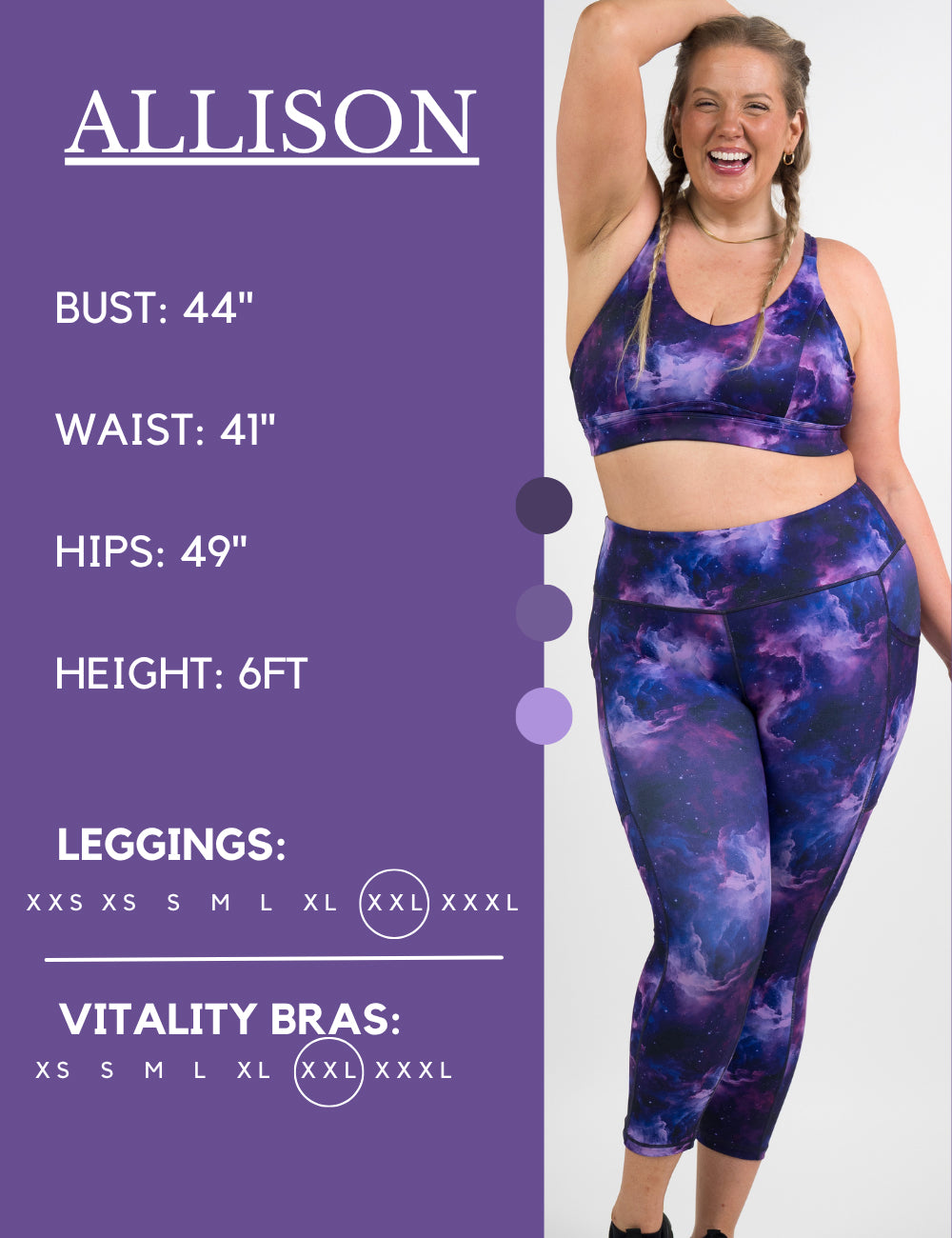 Model’s measurements of 44” bust, 41” waist, 49” hips and height of 6ft. She is wearing a size extra extra large in our leggings