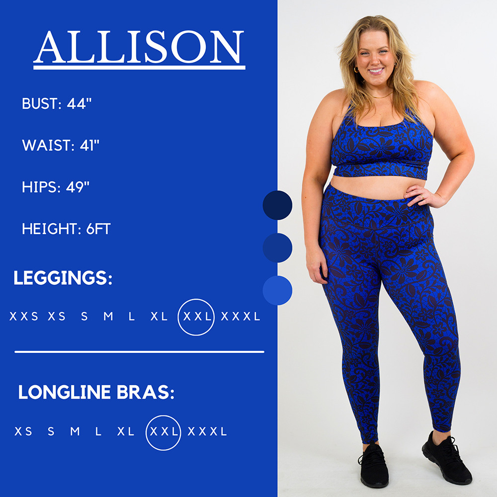 Model’s measurements of 44” bust, 41” waist, 49” hips and height of 6 feet. She is wearing a size extra extra large in our leggings
