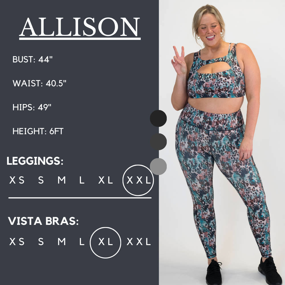Model’s measurements of 44” bust, 40.5” waist, 49” hips and height of 6 ft. She is wearing a size xx-large in our leggings