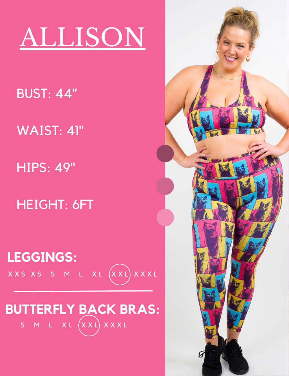 Model’s measurements of 44” bust, 41” waist, 49” hips and height of 6 feet. She is wearing a size extra extra large in our leggings