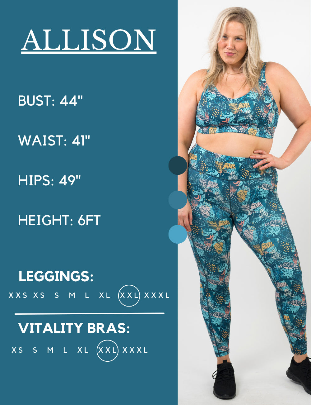 Model’s measurements of 44” bust, 41” waist, 49” hips and height of 6 ft. She is wearing a size extra extra large in our leggings