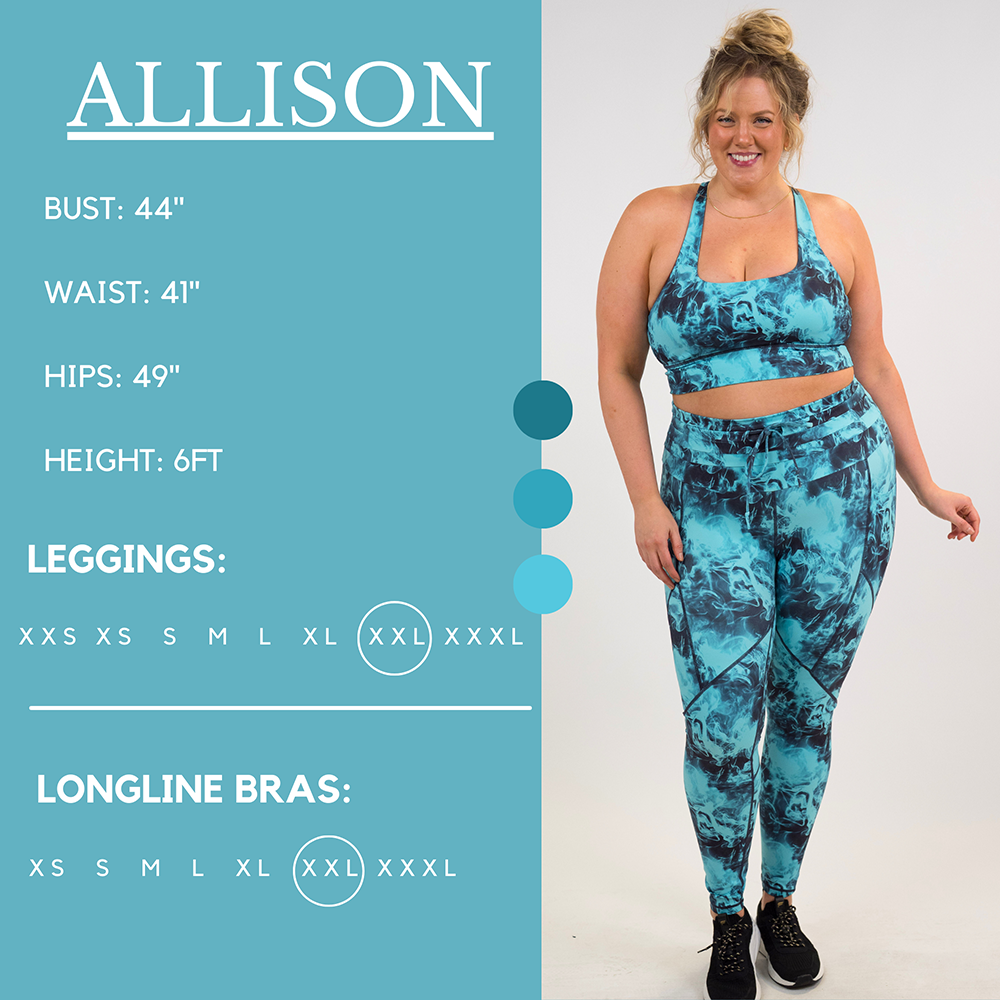 Model’s measurements of 44” bust, 41” waist, 49” hips and height of 6 feet. She is wearing a size extra extra large in our leggings