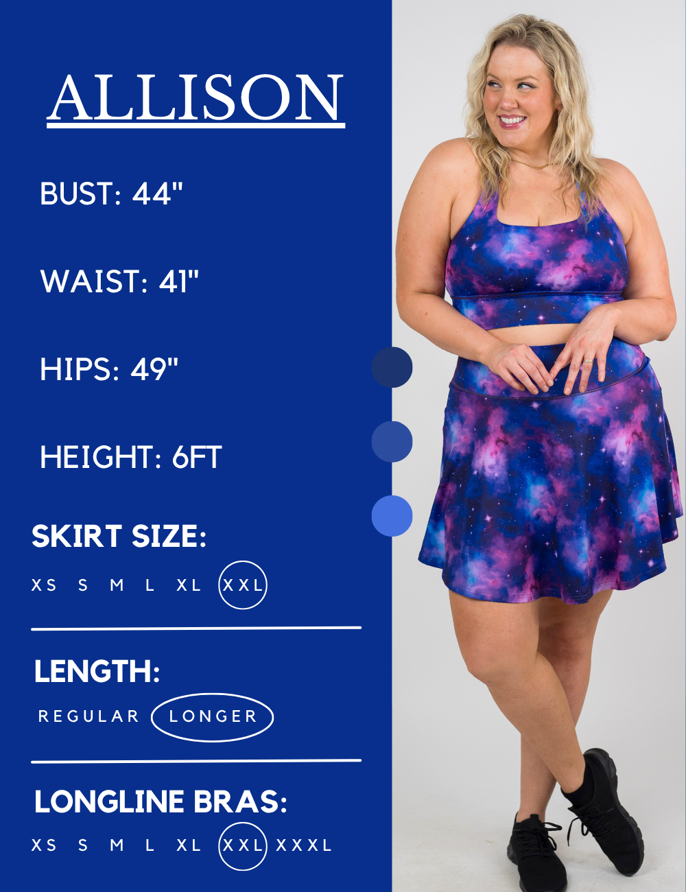 Model’s measurements of 44” bust, 41” waist, 49” hips and height of 6 ft. She is wearing a size extra extra large in the skirt