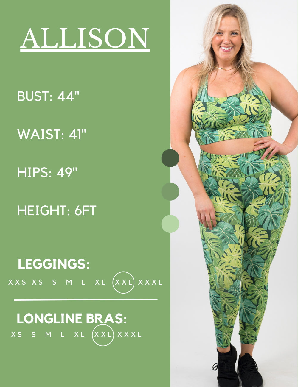Model’s measurements of 44” bust, 41” waist, 49” hips and height of 6 ft. She is wearing a size extra extra large in our leggings