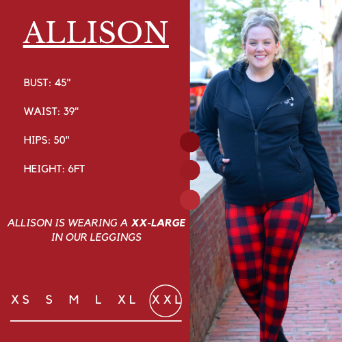 Model's measurements of 45 inch bust, 39 inch waist, 50 inch hips, and height of 6 foot. She is wearing a size double xl in these leggings.