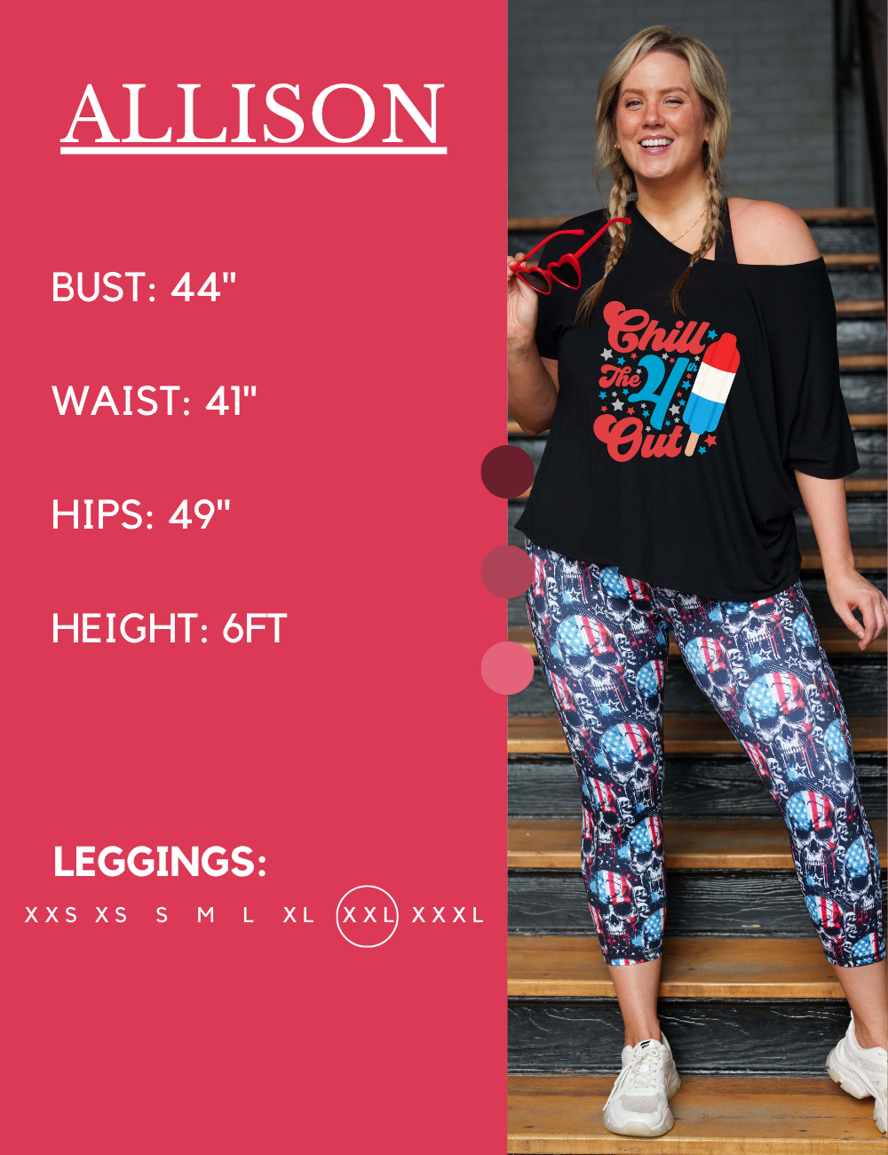 Model's measurements of 44 inch bust, 41 inch waist, 49 inch hips, and height of 6 foot. She is wearing a size xx-large in our leggings
