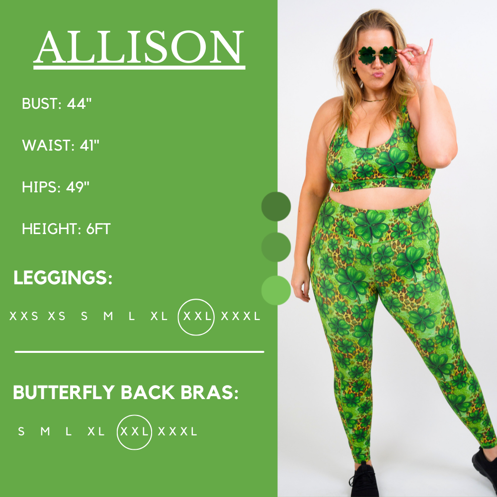 Model’s measurements of 44” bust, 41” waist, 49” hips and height of 6 feet. She is wearing a size extra extra large in our leggings